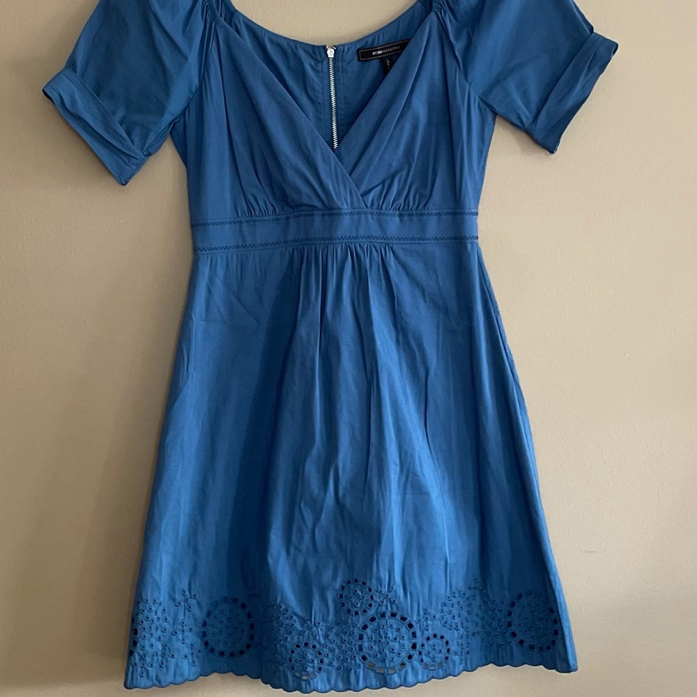 BCBG Steel Blue Shirt Sleeved On or Off the Shoulder Dress. Size 0